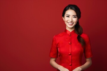 photo of woman wearing a cheongsam suit smiling to welcome tourists shopping in Chinese New Year, isolated on a single color background, copy space . generative ai