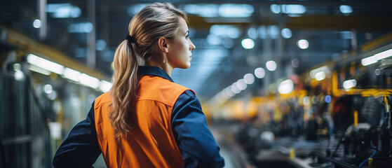 Female engineer worker in automotive factory, with blurred car manufacturing process, assembly line production, woman technician at conveyor, auto industry technology in the background