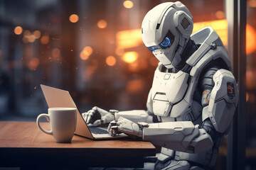Futuristic robot seamlessly works remotely from a coffee shop, showcasing the harmony of tech and lifestyle. Ai generated