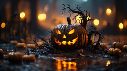 Obraz premium Spooky Halloween Pumpkin on Blurry Bokeh Background