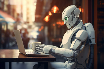 Futuristic robot seamlessly works remotely from a coffee shop, showcasing the harmony of tech and lifestyle. Ai generated