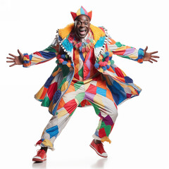 Full length portrait of a clown standing isolated on white background