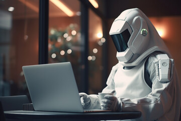 Futuristic robot seamlessly works remotely from a coffee shop, showcasing the harmony of tech and lifestyle. Ai generated