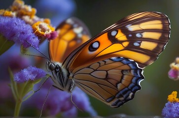 Hyper-realistic close-up photograph of a butterfly perched on a flower - obrazy, fototapety, plakaty