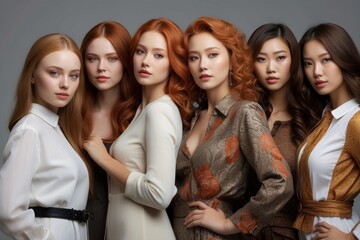 Obraz premium A diverse group of beautiful attractive multi-ethnic women of different races, fashion models with natural beauty and smooth skin looking at the camera on a gray background.