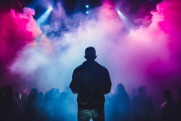 Artist rapper at a music concert on stage singing seen from the back with pink and blue smoke. A...