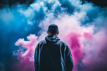 Artist rapper at a music concert on stage singing seen from the back with pink and blue smoke. A...