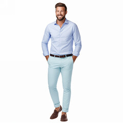 Fototapeta premium Young Businessman in business casual. Man, happy smiling. Full length portrait isolated on white.