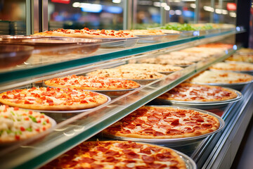  The pizza aisle in a supermarket, displaying a variety of brands and flavors, offering convenient...