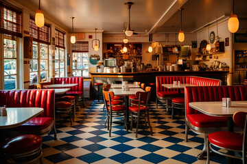  A vintage-style pizza parlor adorned with checkerboard floors, offering a retro ambiance with classic pizza recipes and throwback music, creating a nostalgic dining experience. 