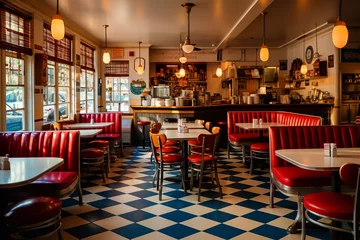 Deurstickers  A vintage-style pizza parlor adorned with checkerboard floors, offering a retro ambiance with classic pizza recipes and throwback music, creating a nostalgic dining experience.  © Davivd