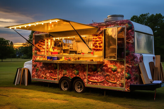  A mobile pizza food truck at a local event, known for its quick service and pizzas fresh out of the oven, becoming a community hotspot for delicious and convenient food.
