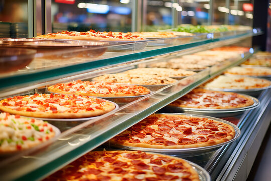  The pizza aisle in a supermarket, displaying a variety of brands and flavors, offering convenient meal options and quick dinner solutions for shoppers.

