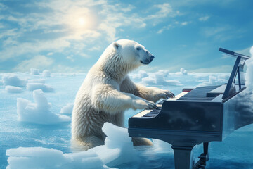 Global Warming Creative Concept with a Polar Bear Playing a Piano on a Drifting Mrelting Ice. Ai generated - obrazy, fototapety, plakaty