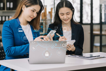 Person using smartphone, tablet  with SDK icon on virtual screen. SDK Software development kit programming language technology concept in office.