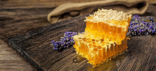 honeycomb on a wooden table close up