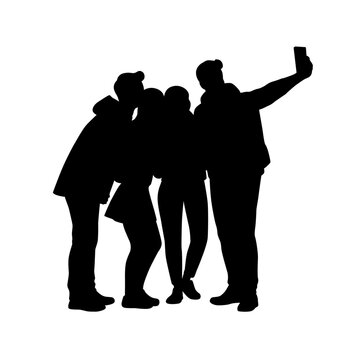 recommend clip art: Group of man and woman taking selfie through mobile phone, group selfie, group of friends take picture with phone silhouette