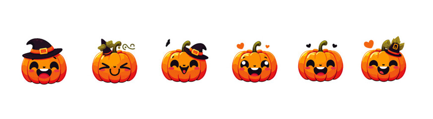 Vector cute halloween or thanksgiving pumpkin set. A bunch of happy Halloween pumpkins. Laughing faces; pumpkins are cute faces. Funny smiling pumpkins for Halloween or Thanksgiving celebration.