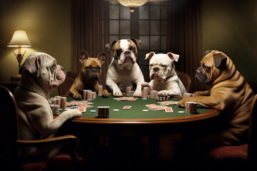 Cute funny dogs playing at a poker table. Comical dogs in a casino, adding a playful twist to a poker night. Ai generated