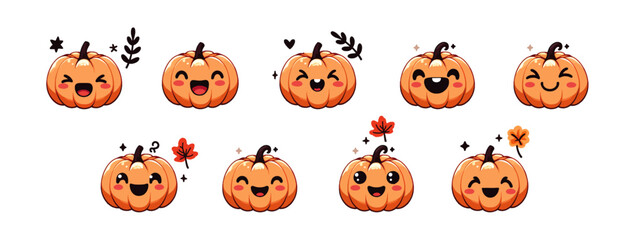 Vector cute halloween or thanksgiving pumpkin set. A bunch of happy Halloween pumpkins. Laughing faces; pumpkins are cute faces. Funny smiling pumpkins for Halloween or Thanksgiving celebration.