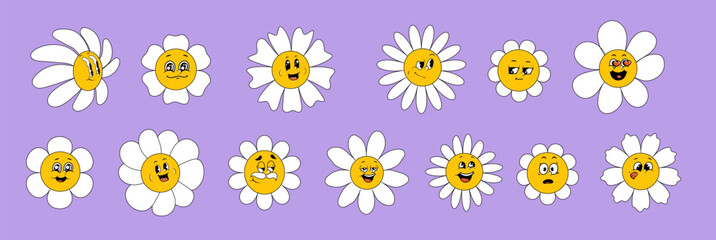 Cartoon daisy flowers. Flower retro face, smile happy chamomile characters. Cute kids floral plant emotion. Trendy white petal, spring yellow faces. Vector set