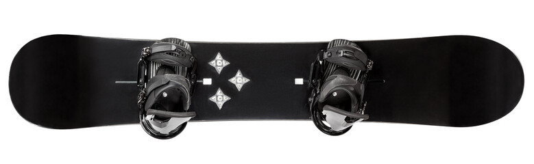 Black plain snowboard with attachet bindings isolated - obrazy, fototapety, plakaty