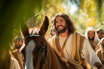 Jesus riding on a horse around waving palm branches - obrazy, fototapety, plakaty