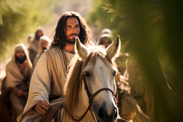 Jesus riding on a horse around waving palm branches - obrazy, fototapety, plakaty