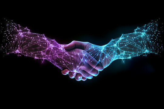 Intricate Handshake of Glowing Teck Lines and Dots, Symbolizing Connectivity and Innovation on a Cosmic Dark Background. Ai generated