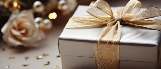 Elegant silver gift, centerpiece of festivity, wrapped in luxury.