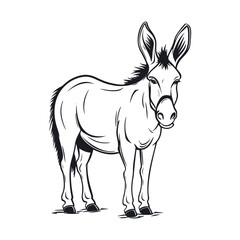 Donkey standing, Basic simple Minimalist vector graphic, isolated on white background, black and white
