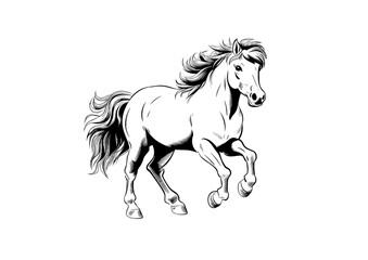 Pony standing, Basic simple Minimalist vector graphic, isolated on white background, black and white
