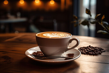 a cup of coffee on a wooden table in a coffee shop international coffee day, Generative AI