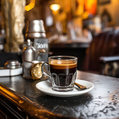 black espresso coffee in a transparent cup photography, Generative AI