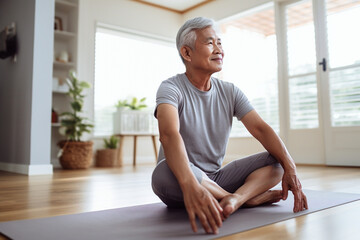 Mature asian man exercising at home, yoga for seniors, promoting physical well-being