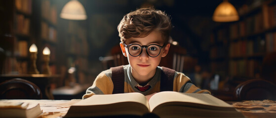 Young reader in sweater and glasses, absorbed in enchanting story,.