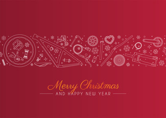 Vector red Christmas card with wishes Merry Christmas and Happy New Year. Christmas decorations with white bike components and snowflakes. Red background.
