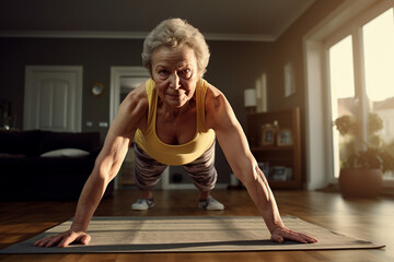 Elderly woman doing sports at home, stretching exercises in her apartment, fitness for a healthy...