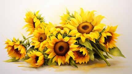 a cluster of sunflowers stands tall on a white surface, their golden blooms radiating warmth and positivity, creating a vibrant floral masterpiece.