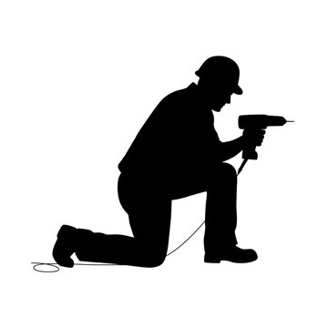 black silhouette kneeling worker drilling clip art preview