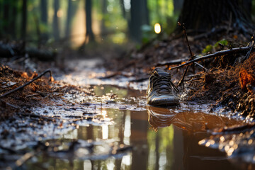 close up shoes of hiker walking in the forest trail 