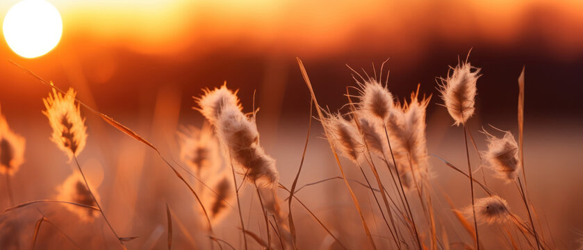 Tranquil sunset over field, tall grasses swaying.
