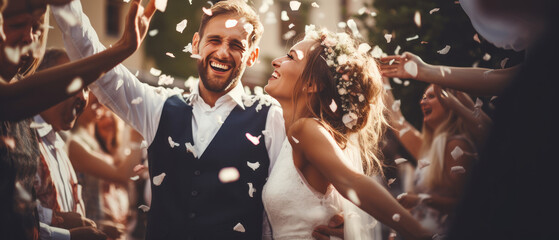 Joyous wedding scene with bride and groom, confetti rain. - obrazy, fototapety, plakaty