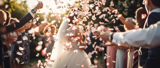 Joyous wedding scene with bride and groom, confetti rain. - obrazy, fototapety, plakaty
