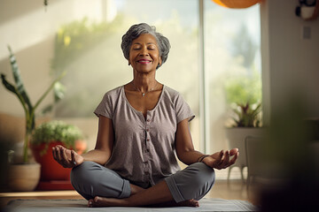 Elderly African American woman doing yoga at home, gentle exercise for seniors, healthy lifestyle - obrazy, fototapety, plakaty