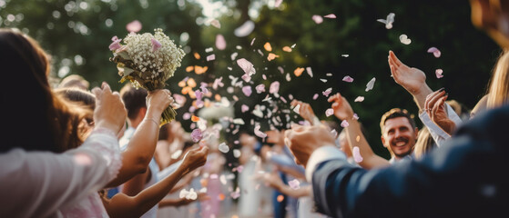 Fototapeta na wymiar Joyous wedding scene with bride and groom, confetti rain.