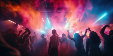 Club Party People Groove on the Dance Floor - Bathed in Vibrant Rays of Colorful Light. - obrazy, fototapety, plakaty