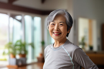 Mature Asian woman's home exercise, fitness routine for an active and energetic aging process