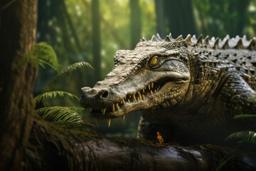 Obraz premium alligator on green leaves in the forest