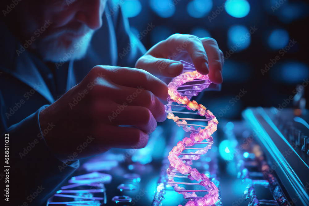 Aufkleber skilled hands modify dna strands with advanced tools - pushing boundaries in genetic engineering.
